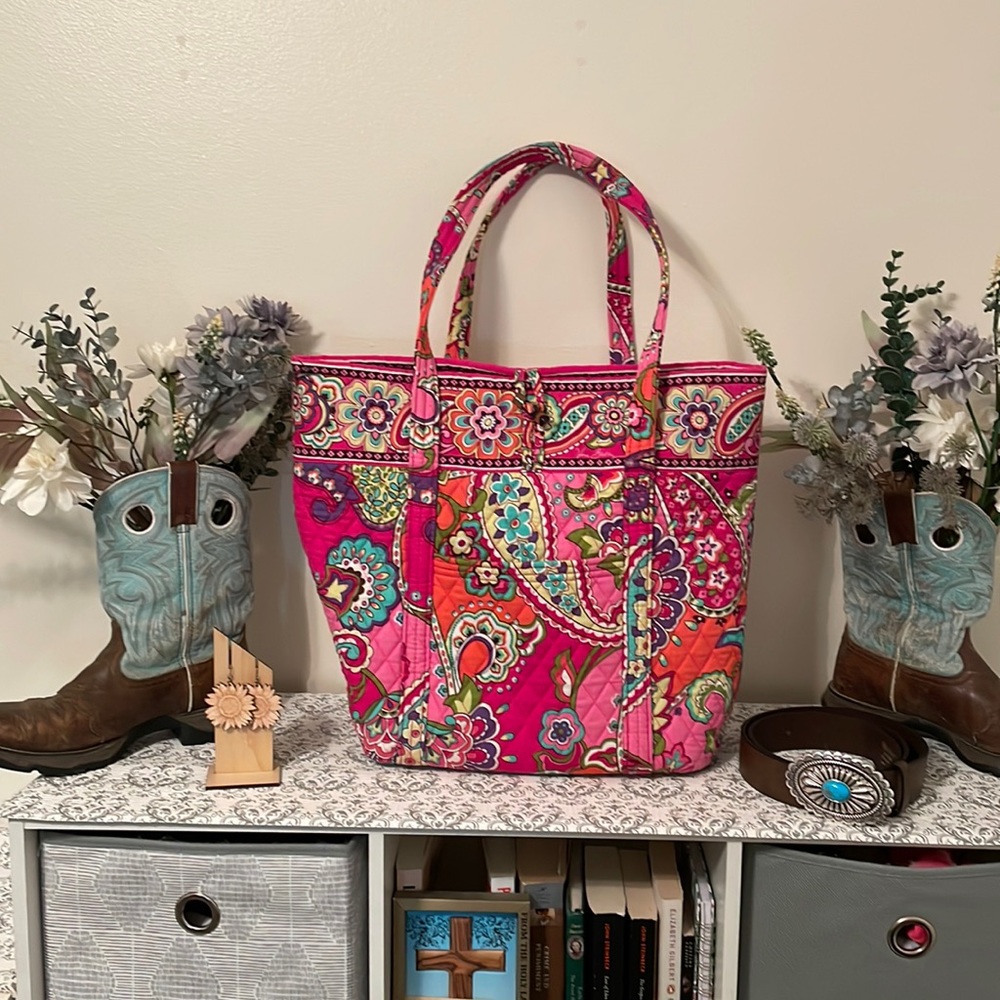 Vera Bradley Tote Bag, mostly pink with multi colored pattern.